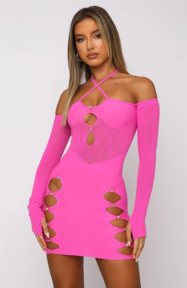 Women Fairy Grunge Y2k Mini Dress Criss Cross Off Shoulder Halter Hollow Out Bodycon Slim Party Cock | Amazon (US)