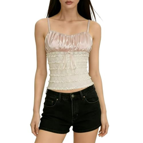 Best Rose Pink Lace Top Bow Satin Ruffles Sheer Floral Spaghetti Strap Tie Front Ruched Crop Bodycon Summer Casual Top (Pink,Large) | Amazon (US)