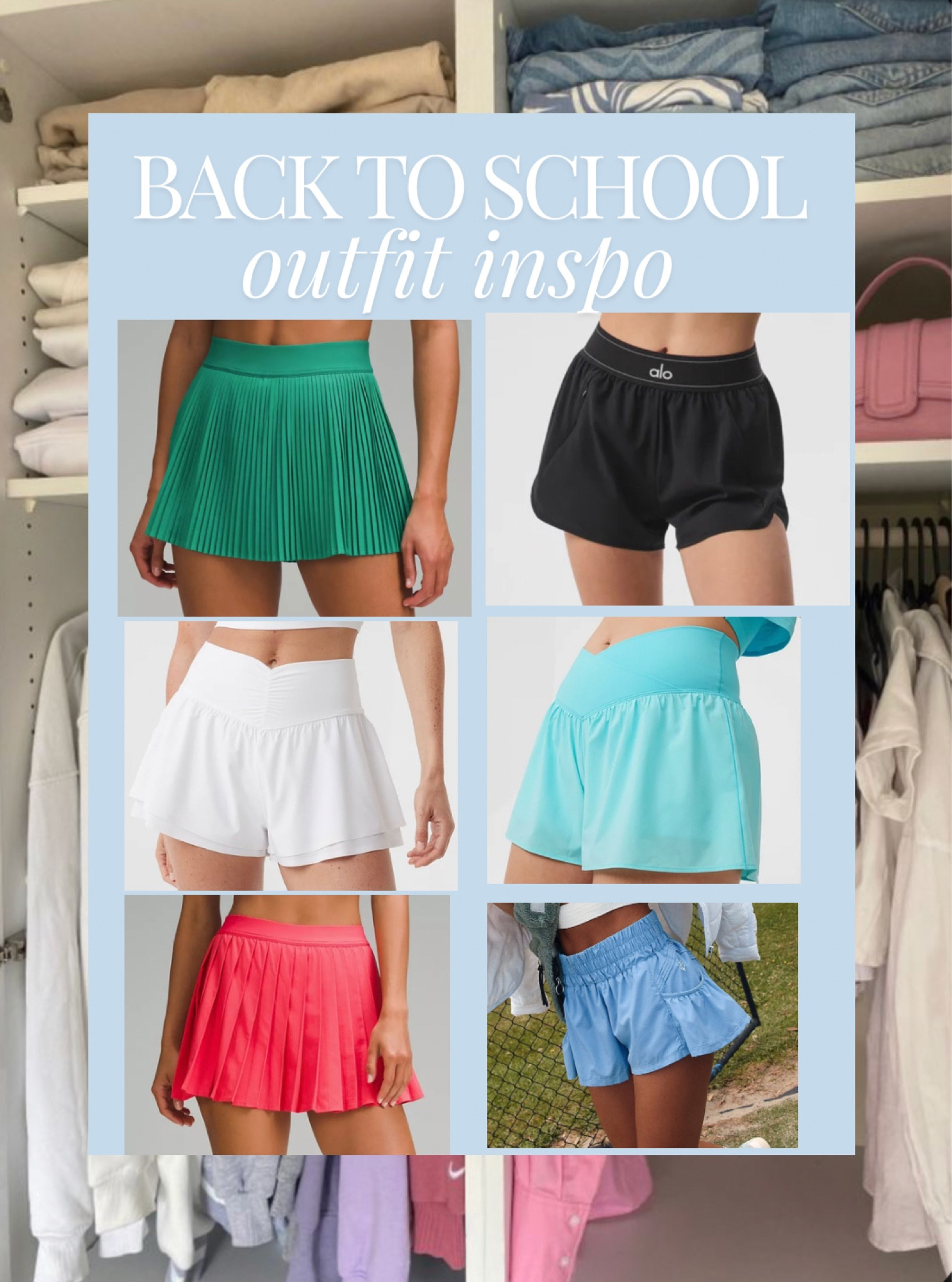 back to school season is upon us! here are some cute, comfy, essential back to school shorts to get you through the hot months of back to school! College outfits, preppy, back-to-school, college class outfits, lululemon, alo, fp movement, free people movement, cute and causal 