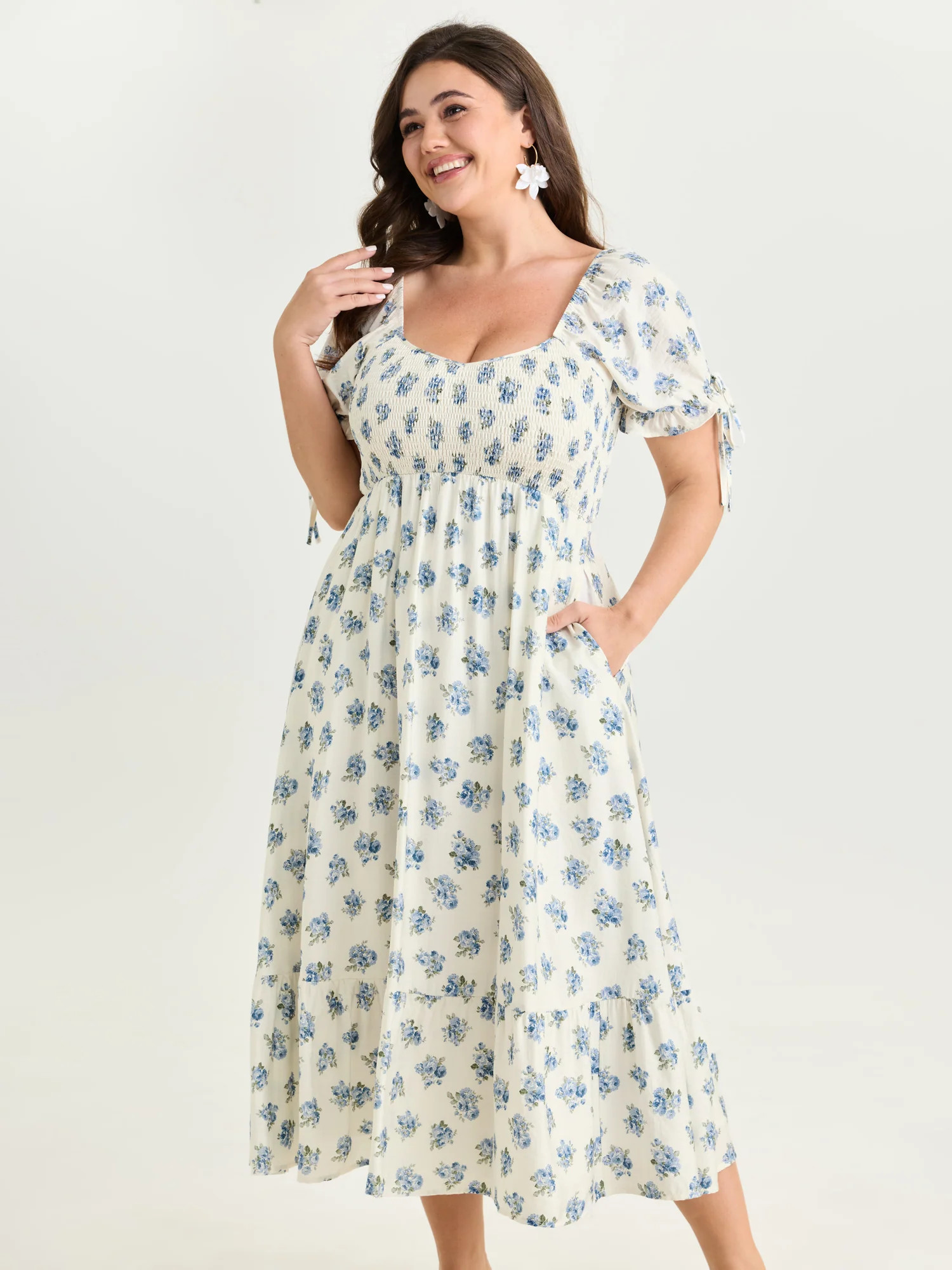 Floral Print Shirred Bodice Sleeve-Tie Maxi Dress | Bloomchic