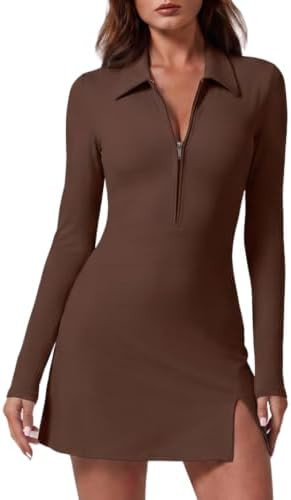 QINSEN Womens Two Pieces Zip Front Tennis Dress with Shorts Long Sleeve Polo Collar Workout Golf ... | Amazon (US)