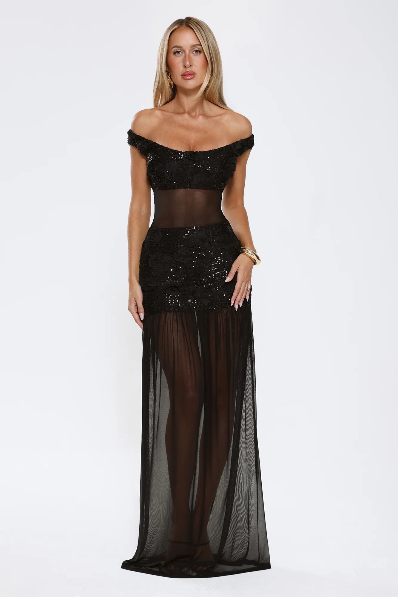 Radiance In The Dark Off Shoulder Sequin Maxi Dress Black | Hello Molly (US)