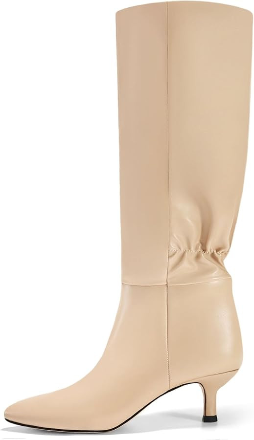 Coutgo Womens Kitten Heel Knee High Boots Pointed Toe Tall Boots Pull On Winter Dress Long Boot S... | Amazon (US)