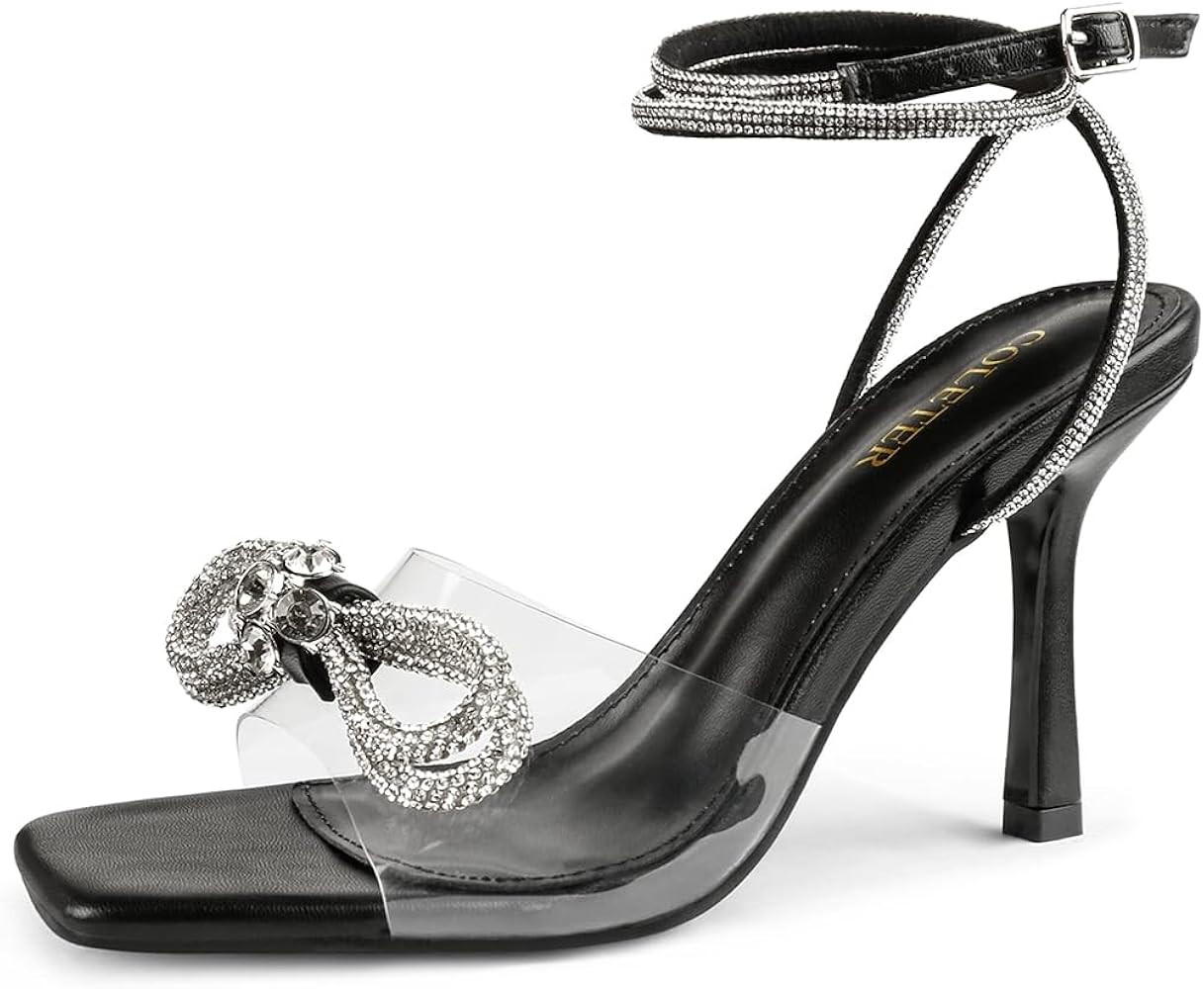 COLETER Womens Clear Rhinestones Bow Heels Sandals Slingback Lace Up Stilettos Square Toe Wedding... | Amazon (US)