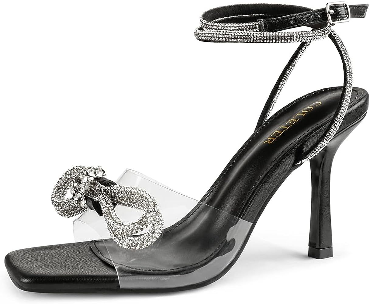 COLETER Womens Clear Rhinestones Bow Heels Sandals Slingback Lace Up Stilettos Square Toe Wedding... | Amazon (US)