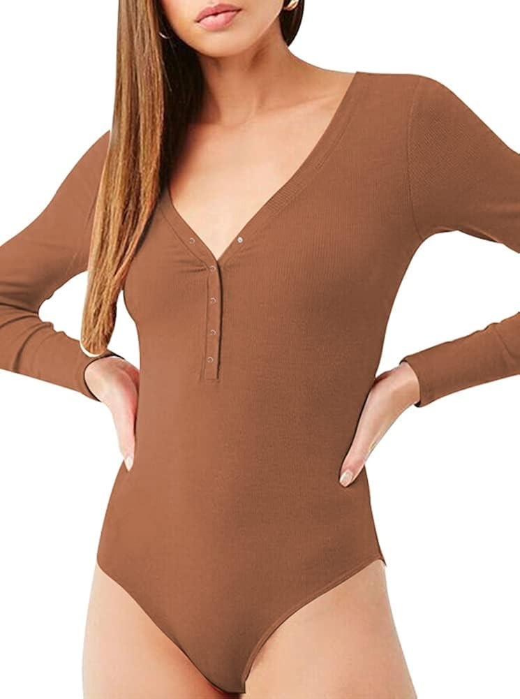 oten Women's V Neck Long Sleeve Bodysuit Tops Button Down Henley T-shirt Jumpsuit | Amazon (US)