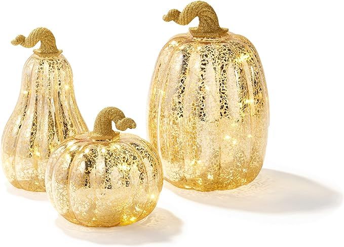 Gold Pumpkin Centerpiece with LED Lights - Set of 3, Mercury Glass Style, Seasonal Decorations, B... | Amazon (US)