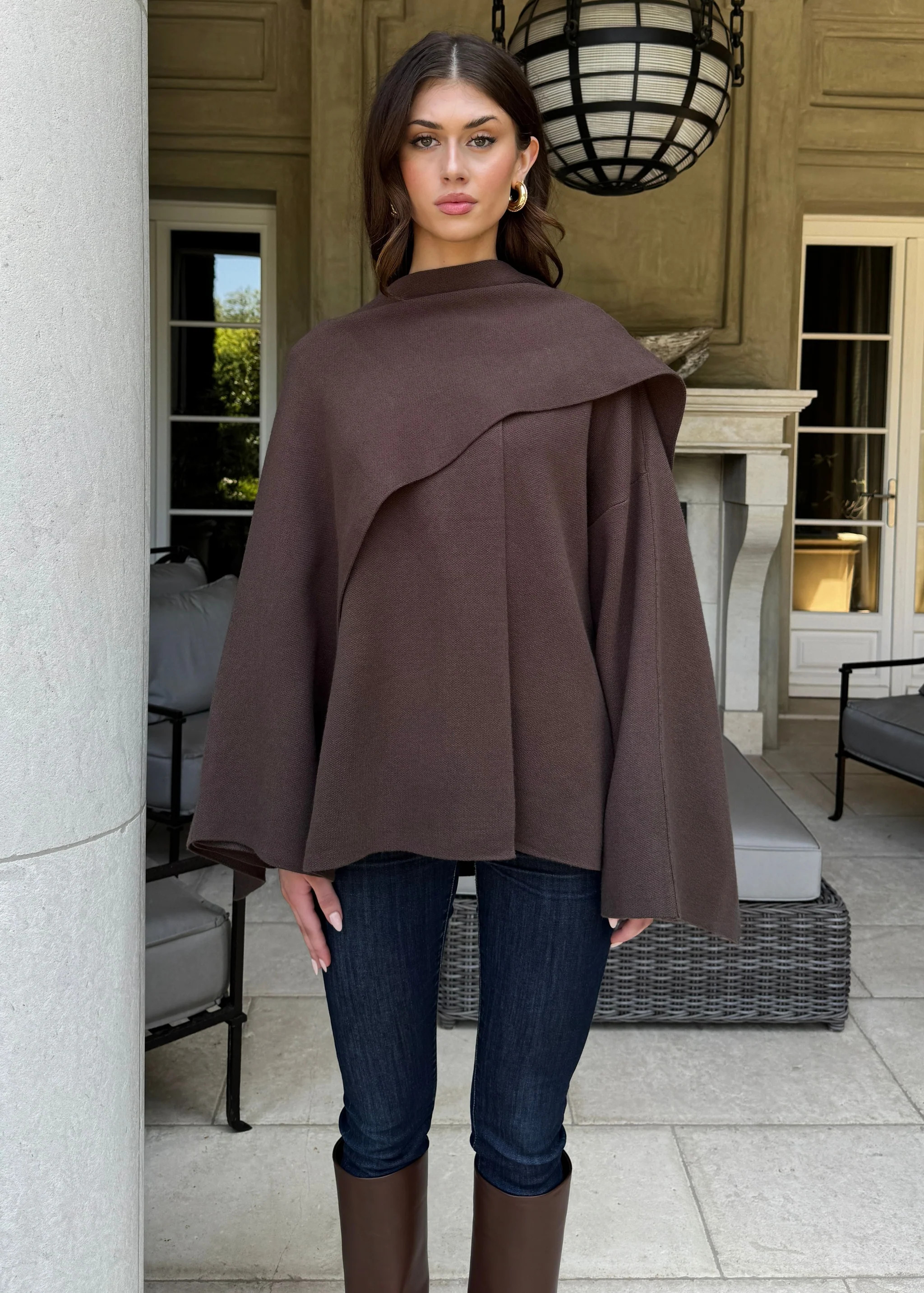 Adira Asymmetrical Cape Jacket with Attached Shawl - Espresso | Benaar La