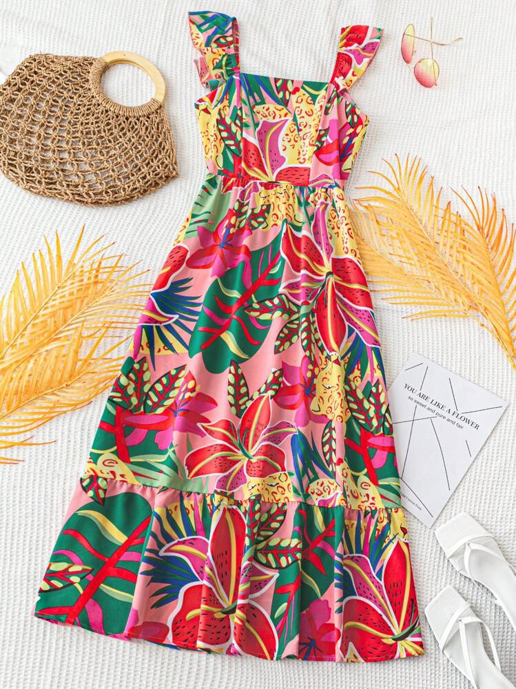 Soleia WYWH Women's Vacation Floral Print Square Neck Short Flutter Sleeve Dress With Ruffle Hem, ,Summer Dresses For Women | SHEIN