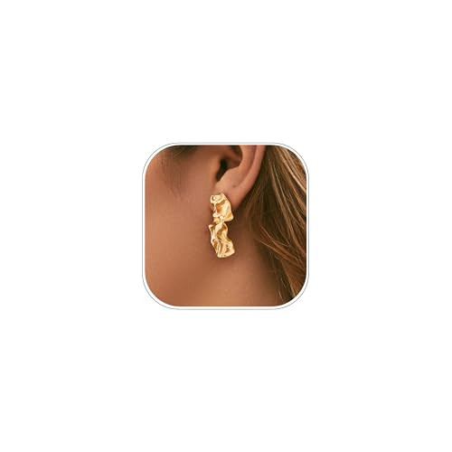 Chunky Gold Hoops Earrings for Women Trendy 14K Gold Plated Hypoallergenic Dainty Hammered Rectangle Earrings Gold Statement Earrings for Women Trendy Fashion Gold Jewelry Gifts | Amazon (US)