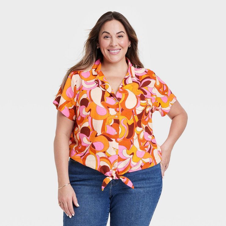 Women's Linen Short Sleeve Collared Button-Down Shirt - Ava & Viv™ | Target