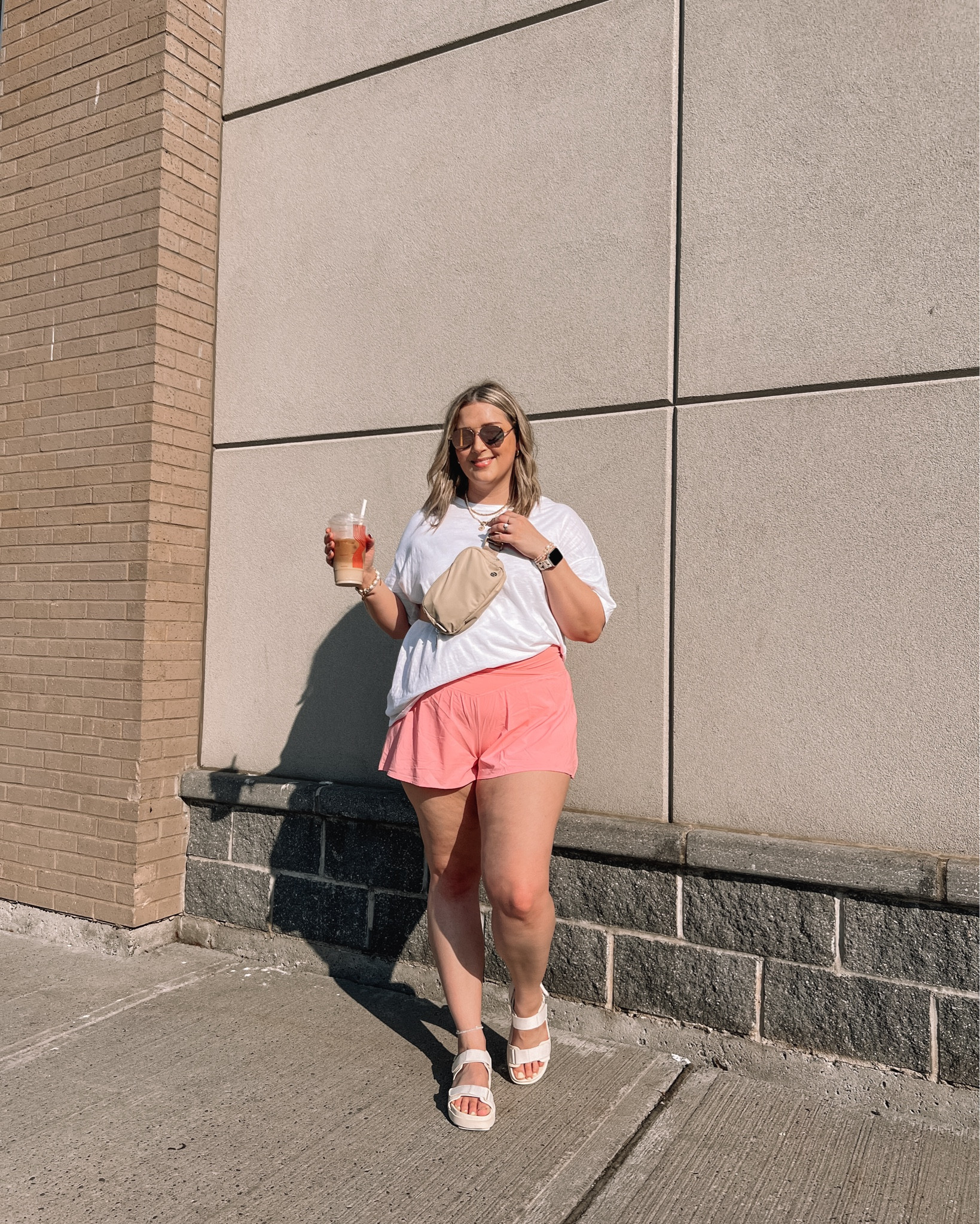 Comfy casual summer outfit from Aerie!
Wearing my usual size large in both the white tee and pink workout shorts. Sandals fit TTS 


#LTKsummer #LTKmidsize #LTKcanada