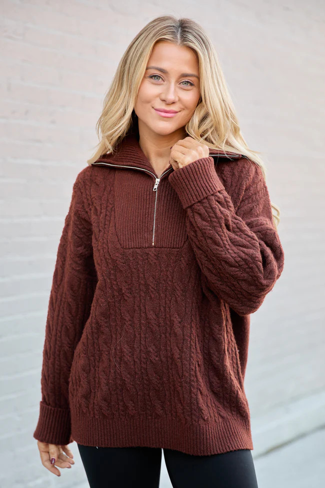 Chismer Brown Cable Knit Zip Up Sweater | Pink Lily