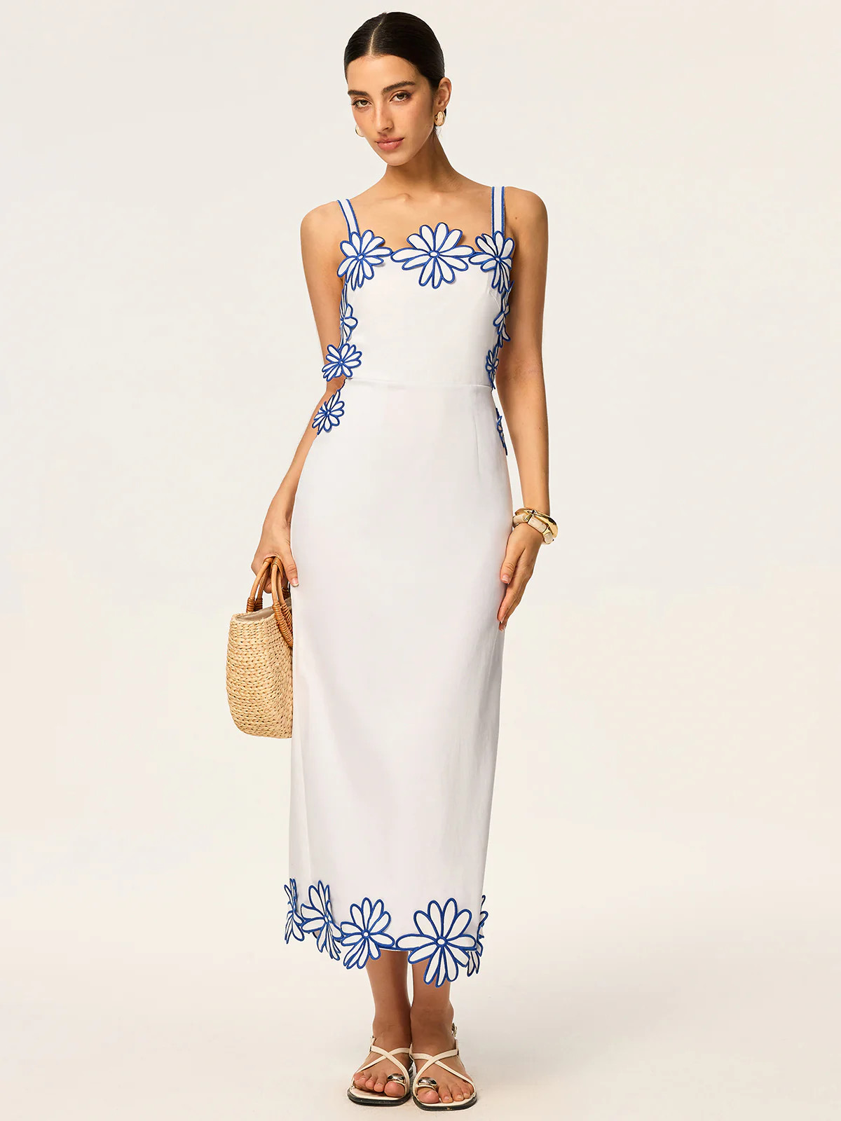 Semi-Sheer Floral Embroidery Back Bow Maxi Dress | Commense