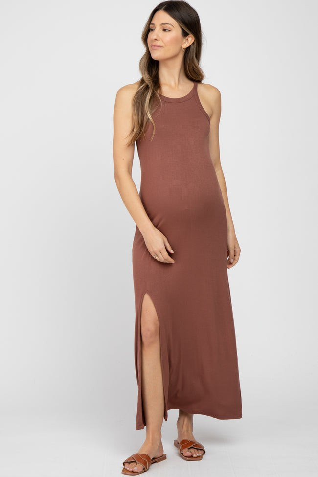 Brown Ribbed Knit Halter Neck Side Slit Maternity Maxi Dress | PinkBlush Maternity