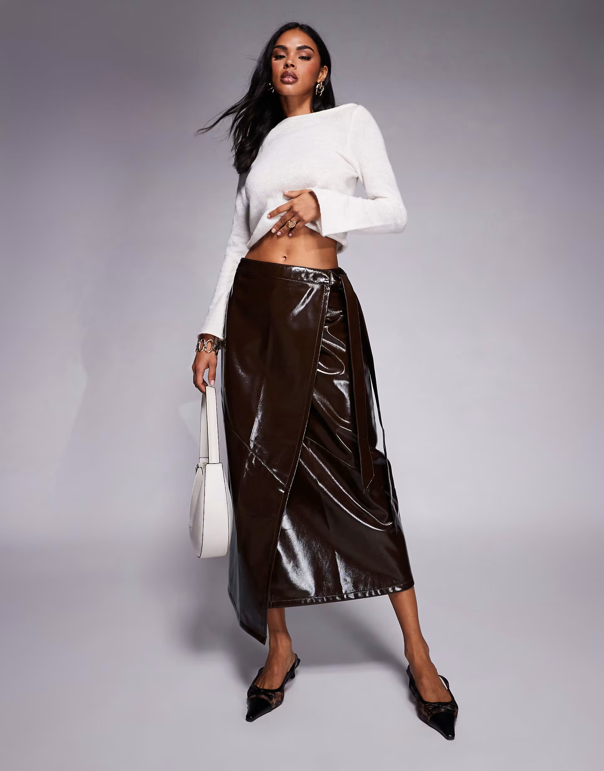 ASOS DESIGN high shine faux leather wrap midi skirt in burgundy | ASOS (Global)