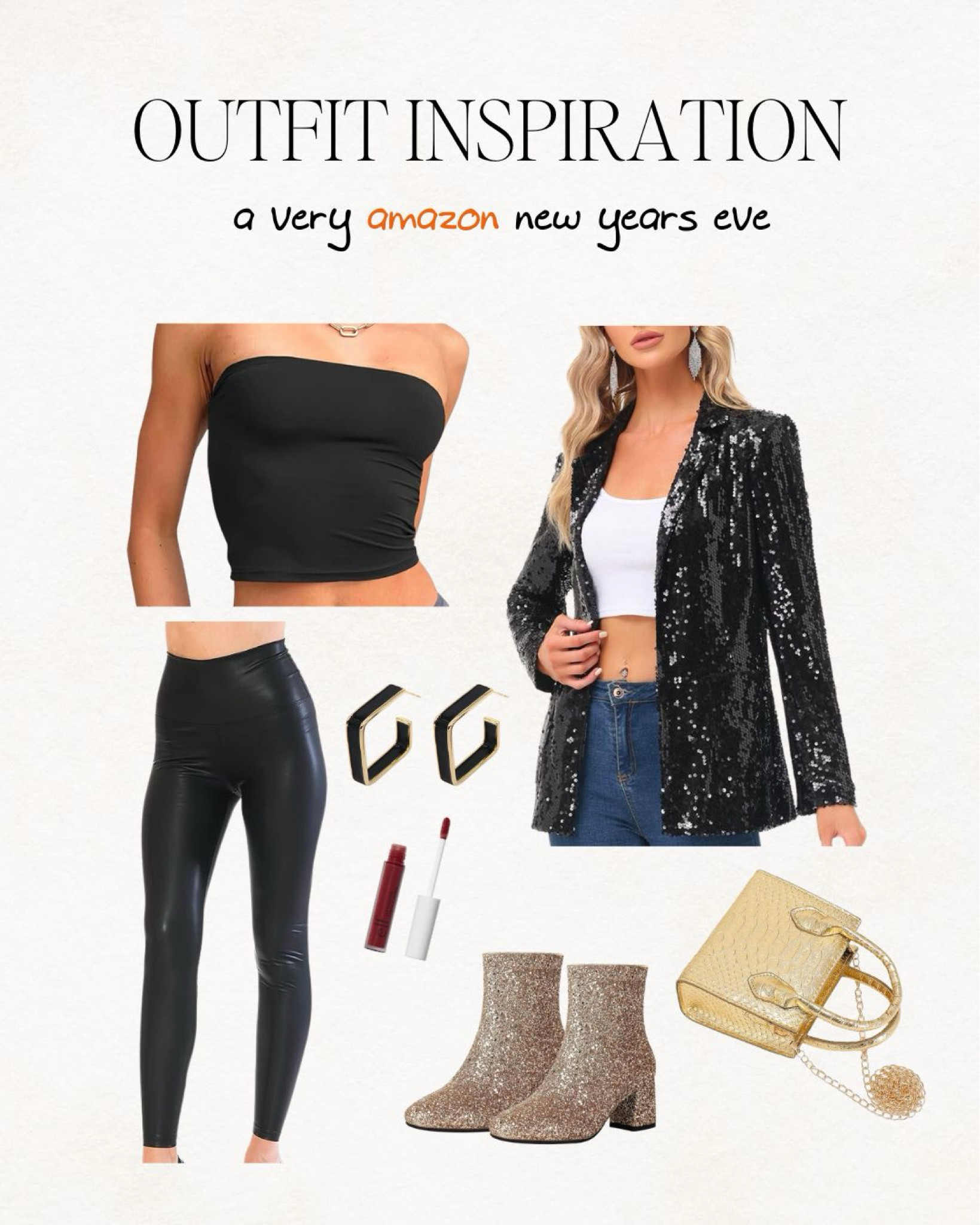 New Year's Eve, new years outfit, black blazer, sparkly blazer, sequin top, sparkly shirt, bandeau top, black shirt, leather leggings, black pants, gold purse, earrings, elf makeup, lip gloss, lipstick, gold booties, sparkly booties, amazon finds, Amazon outfit, going out outfit 

#LTKfindsunder50 #LTKparties #LTKSeasonal