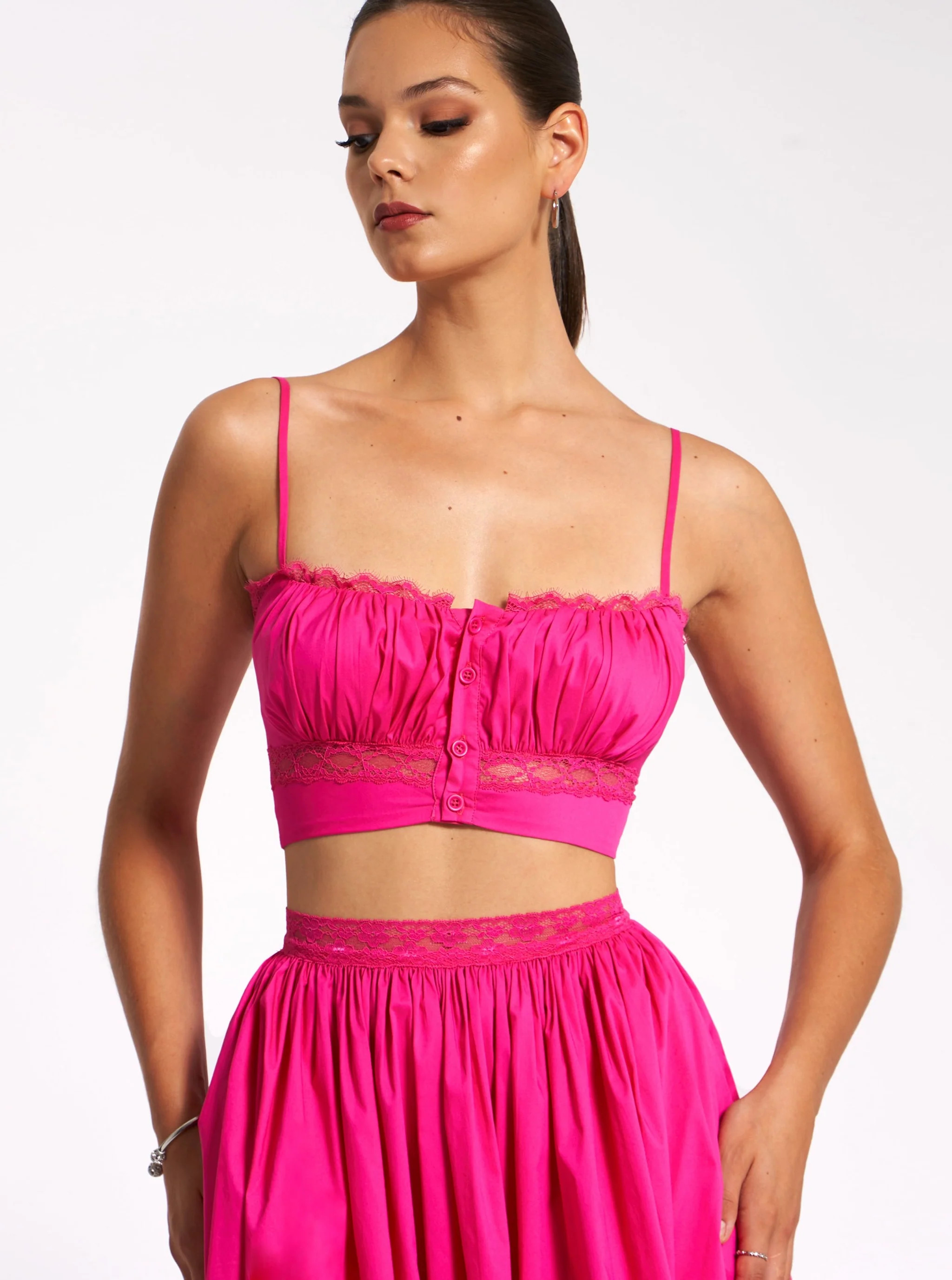 Maya Fuchsia Cotton Poplin Top With Lace Trim | Miss Circle