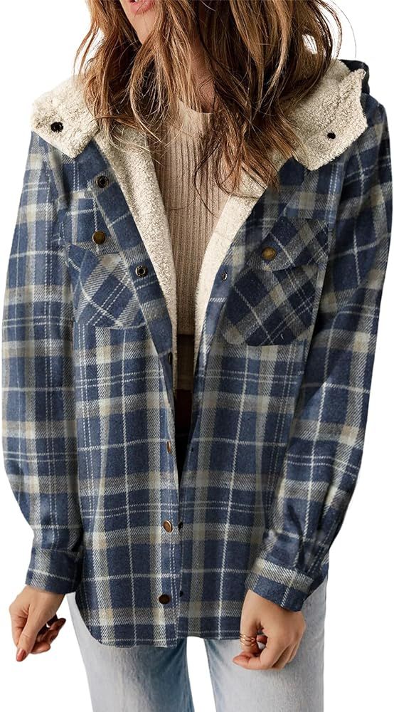 Dokotoo Womens Plaid Shacket Jacket Long Sleeve Button Down Fleece Hooded Jackets Warm Coat | Amazon (US)