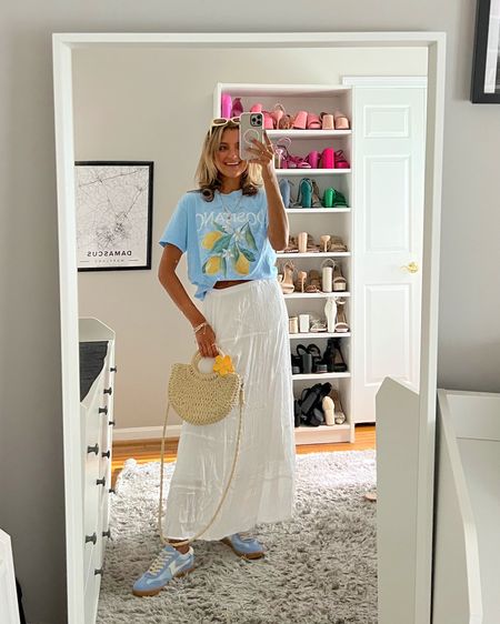 easy casual outfit idea to wear this european summer from Hollister. Wearing an XS i. This white linen skirt and Italy graphic tee 