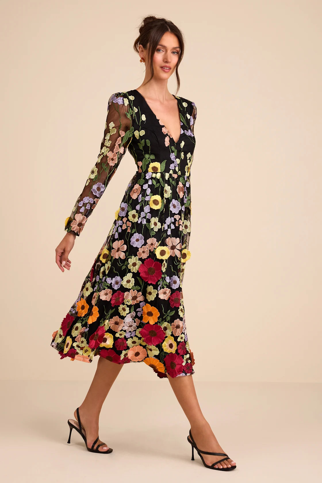 Impressive Blossom Black 3D Floral Embroidered Midi Dress | Lulus