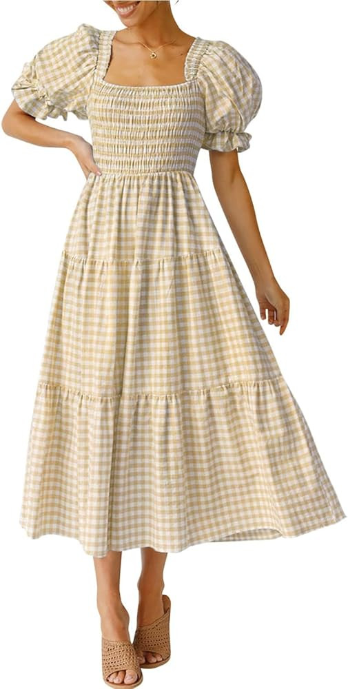 ZESICA Women's 2025 Bohemian Summer Plaid Square Neck Puff Sleeve Ruffle Flowy Beach Midi Dress | Amazon (US)