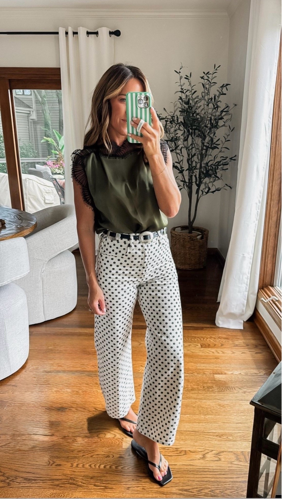 Add a fun belt to change the look. 
XS belt here. Linking a few more
Down one size in jeans
XS top. 

#LTKSeasonal #LTKOver40 #LTKmomlife