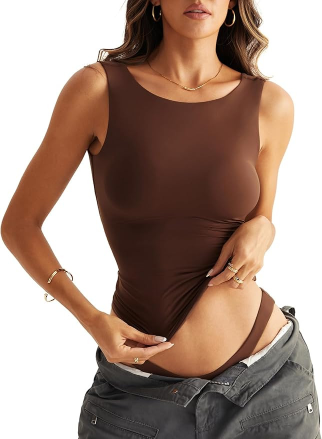 Women Sleeveless Boat Neck Tops Double Lined Backless Tank Tops Basic Fitted T Shirts 2025 | Amazon (US)