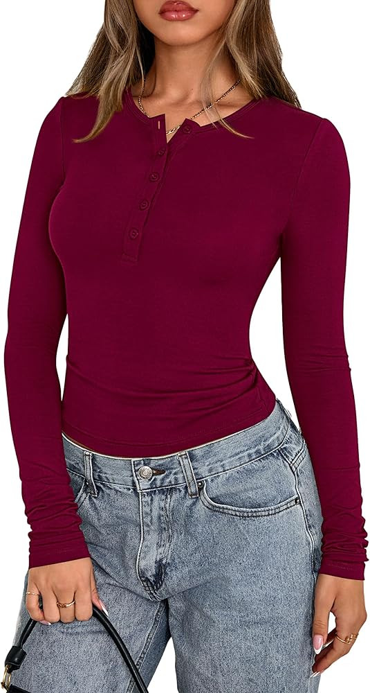 PRETTYGARDEN Womens Casual Long Sleeve Tops 2025 Fall Crew Neck Fitted Henley Shirts Basic Tee Bl... | Amazon (US)