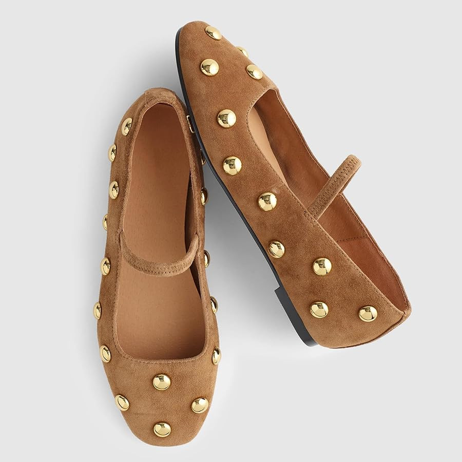 Studded Flats for Women Suqare Toe Slip on Suede Ballet Flats Comfortable Walking Studs Ballet Sh... | Amazon (US)