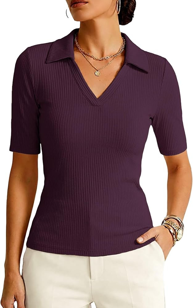 Prettywear Women's Half Short Sleeve Polo Shirts 2026 Summer Business Casual Work Tops Ribbed Col... | Amazon (US)
