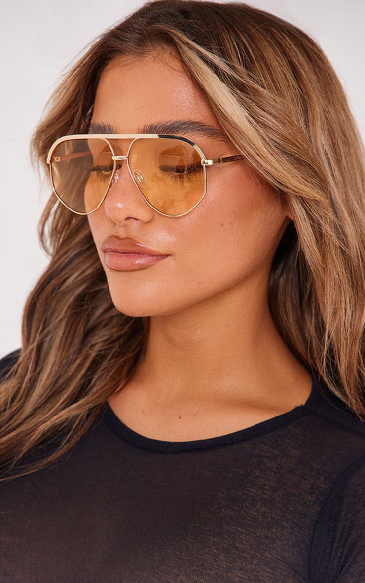 Orange Lens Gold Bar Aviator Sunglasses | PrettyLittleThing US