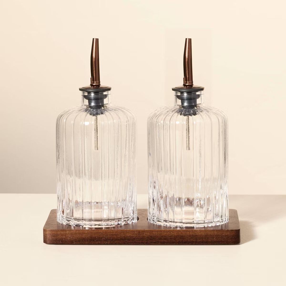 Oil & Vinegar Ribbed Glass Bottle Set with Wood Base - Hearth & Hand™ with Magnolia | Target