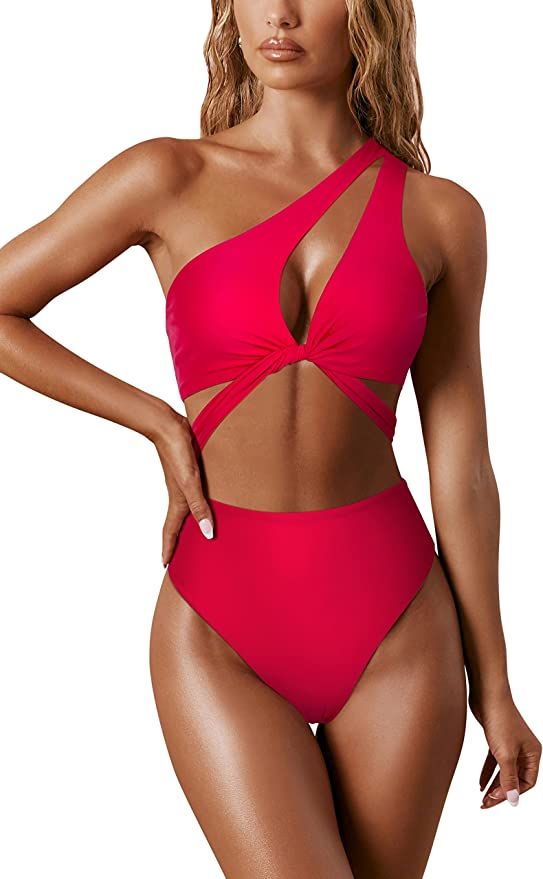 RUUHEE Women Bikini Set One Shoulder Cutout Deep V Neck Lace Up 2 Piece Bathing Suit | Amazon (US)