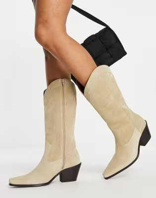 ASOS DESIGN Cactus premium suede western knee boots in sand | ASOS (Global)
