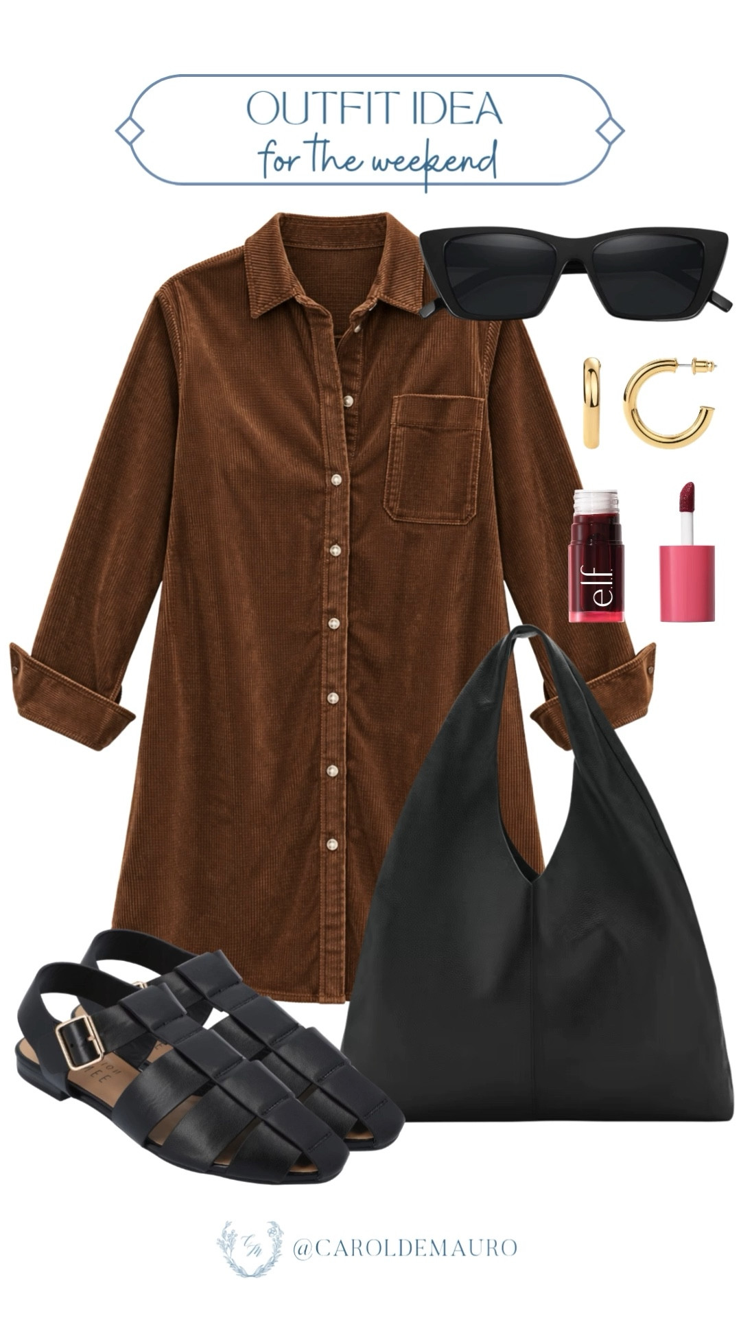 Stay cozy and cool this weekend in a brown corduroy shirt dress paired with black fisherman sandals and a slouchy leather tote! Style with black cat-eye sunglasses, gold hoop earrings, and a pop of color from the e.l.f. Glow Reviver lip oil.

monochromatic look, spring outfit, fashion inspo, vacation inspo, casual chic, elevated basics, clean girl aesthetic, weekend outfit

#LTKU #LTKootd #LTKSeasonal