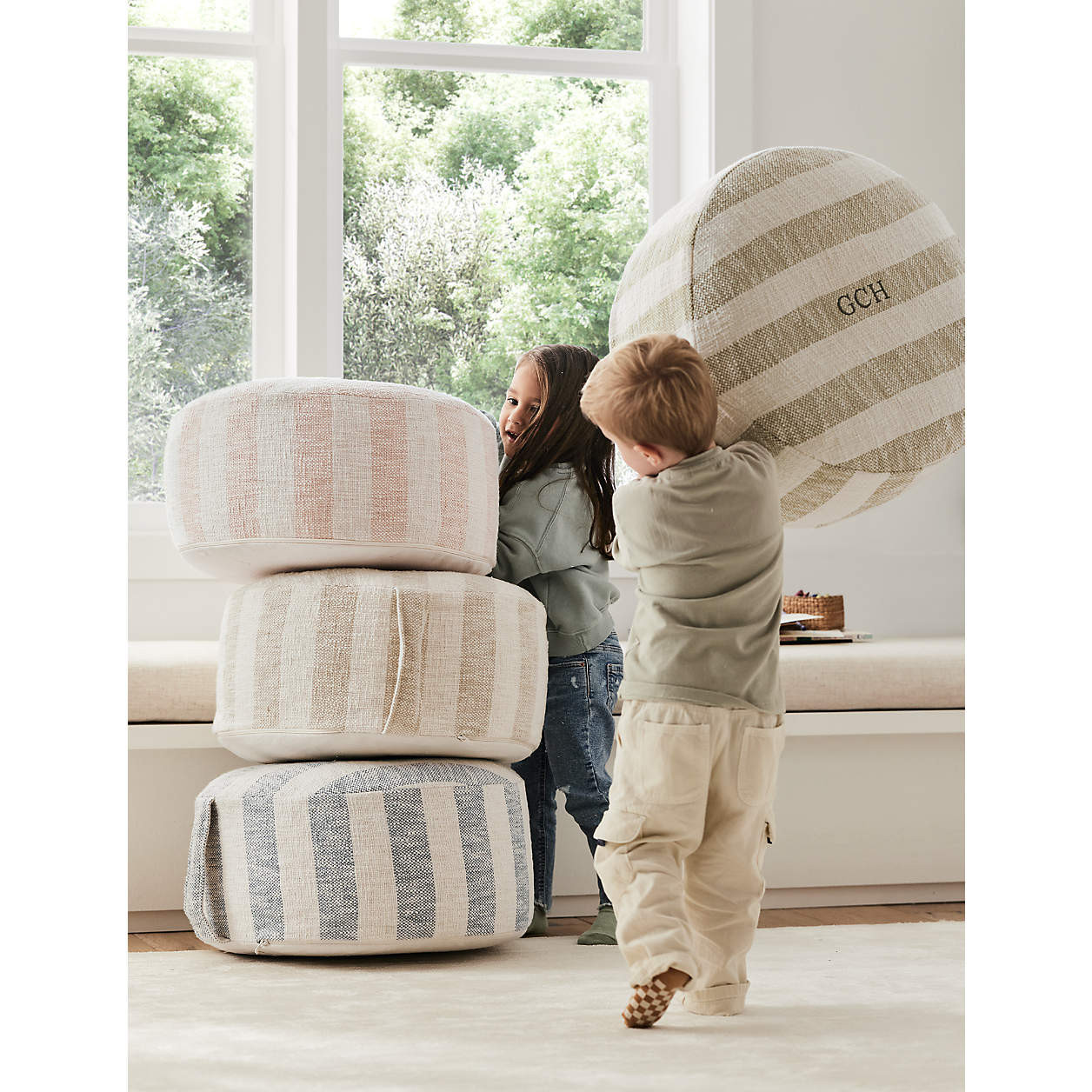 Cove Stone Tan Striped Organic Cotton Kids Floor Cushion | Crate & Kids | Crate & Barrel