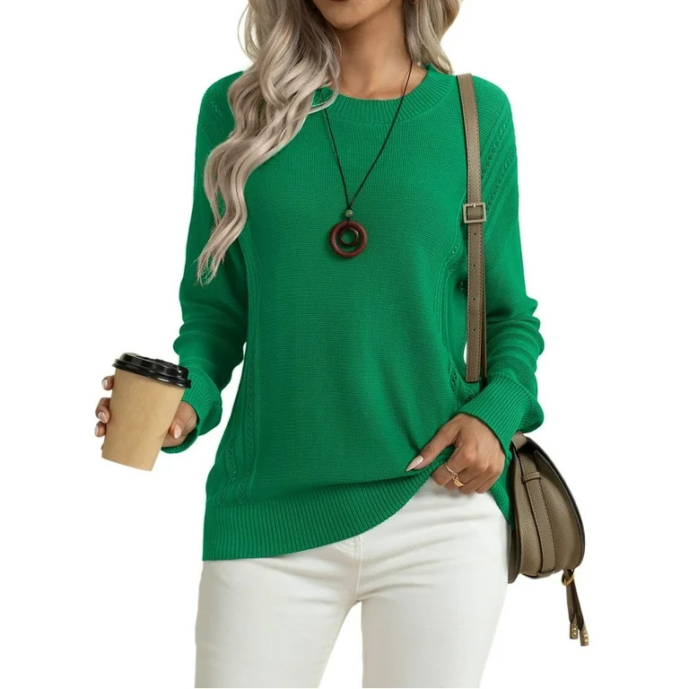 Asklazy Women's Fall Soft Crewneck Long Sleeve Hollow Cable Knit Pullover Sweaters,Green（S-3XL) | Walmart (US)
