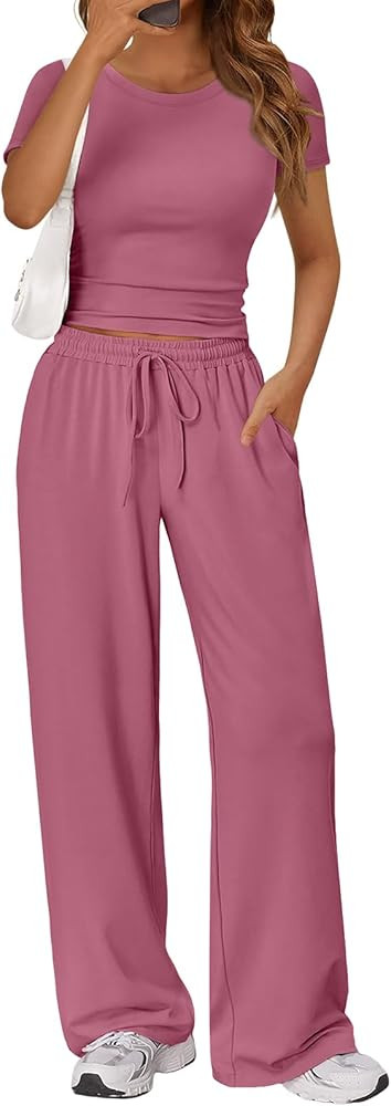 Trendy Queen 2 Piece Matching Summer Sweatsuit Lounge Set Womens Wide Leg Pants Side Ruching Crop... | Amazon (US)
