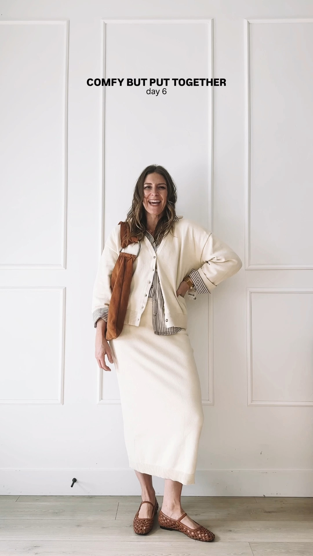 Comfy but still put together outfit with a soft ivory set, striped button down, brown flats, and a slouchy bag.

#LTKgrwm #LTKmomlife #LTKootd