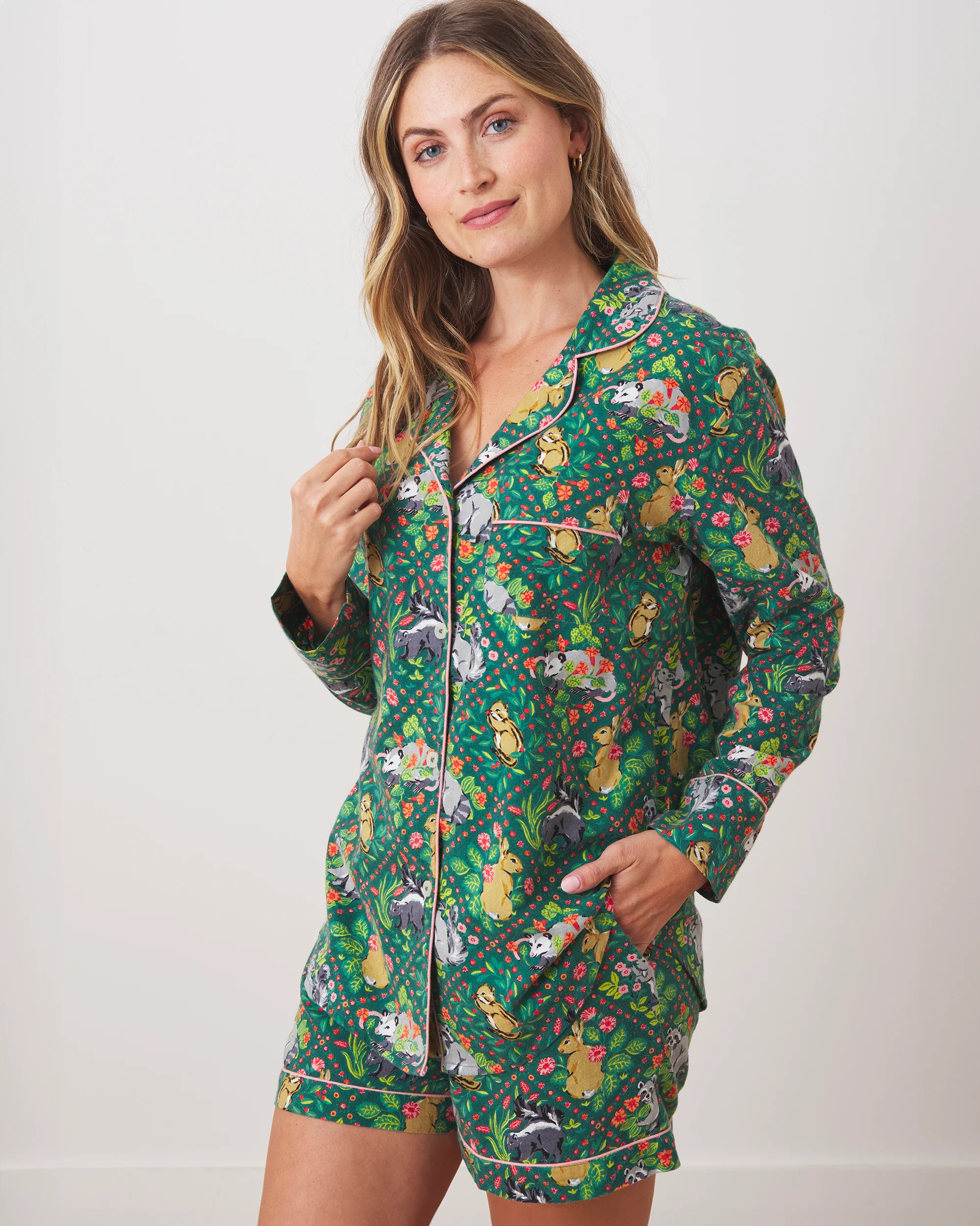 Frisky Firs - Lightweight Flannel Long Sleeve Top & Shorts Set - Twinkling Blue | Printfresh