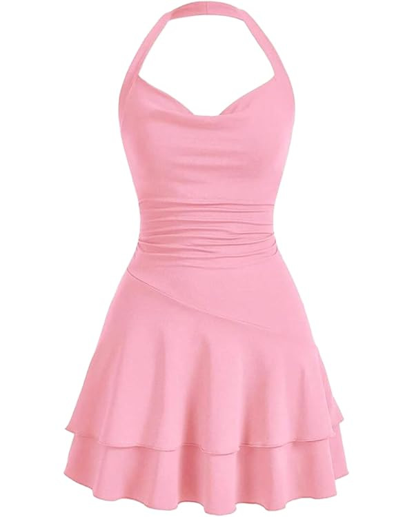 Narecte Womens Summer Dresses Halter Neck Ruched Dress Ruffle Hem Mini Dress Backless Sexy Dress ... | Amazon (US)