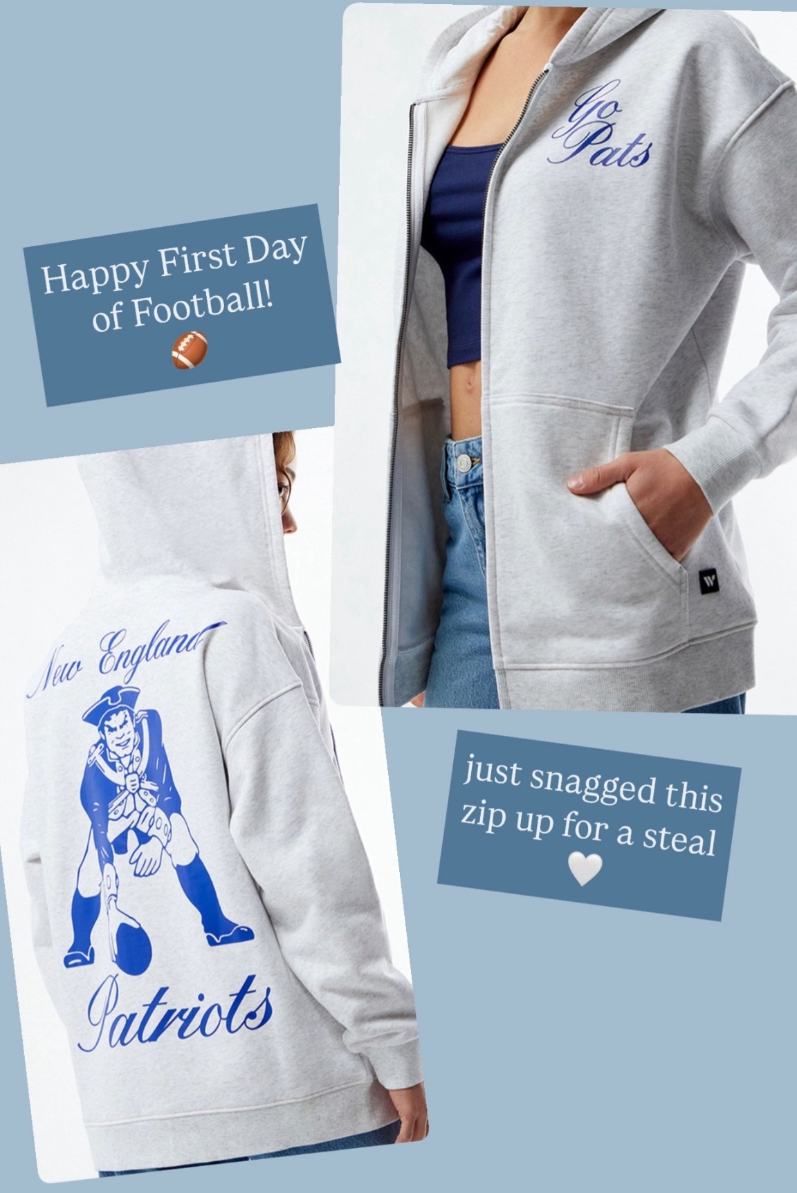 New England Patriots super cute & comfortable football game day tailgate zip up sweatshirt hoodie in a neutral gray & blue color. Great for fall layering & majorly on sale. Coastal, preppy, nfl, sports 

#LTKSaleAlert #LTKFindsUnder50 #LTKSeasonal