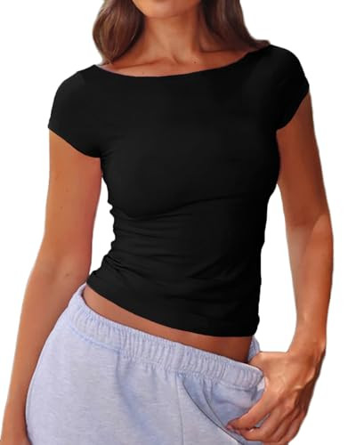 Beumissy Women's Boat Neck Short Sleeve T-Shirts Y2K Cute Going Out Tops Summer Baby Tees | Amazon (US)