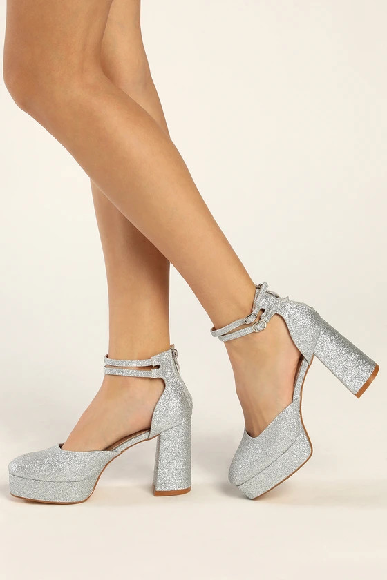 Ivyan Silver Glitter Platform Ankle Strap Pumps | Lulus (US)