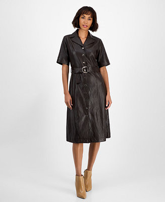T TahariWomen's Faux-Leather Belted Button-Front Dress | Macy's