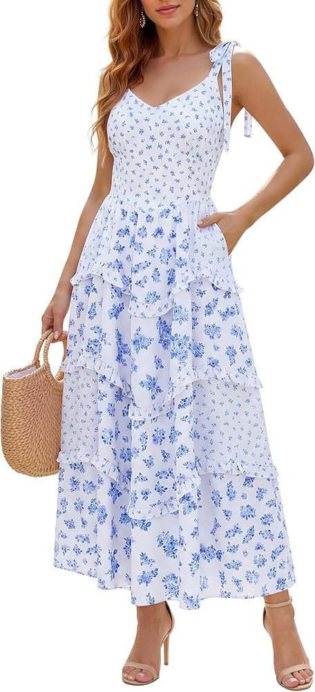 Floral Maxi Dresses for Women Sleeveless Tie Shoulder Tiered Ruffled Smocked Boho Flowy Sundresse... | Amazon (US)