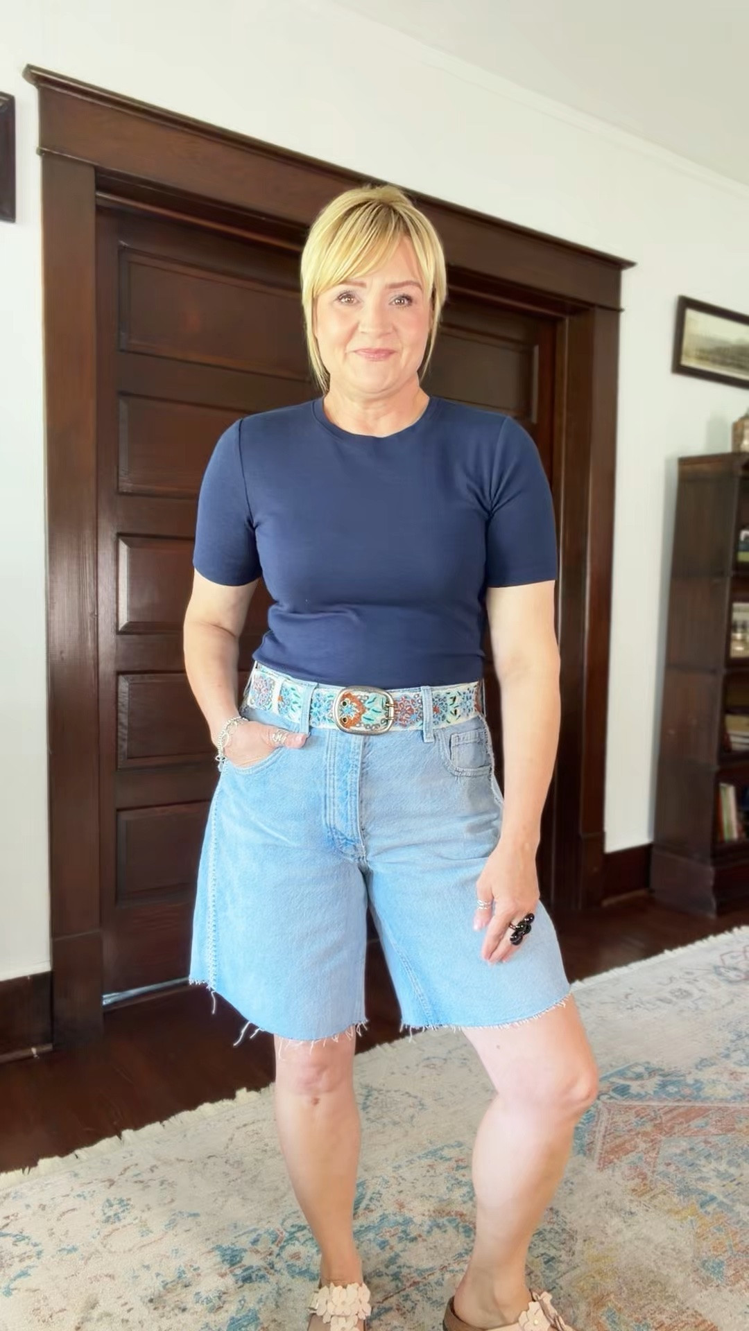 Long denim shorts.

#LTKootd #LTKOver40