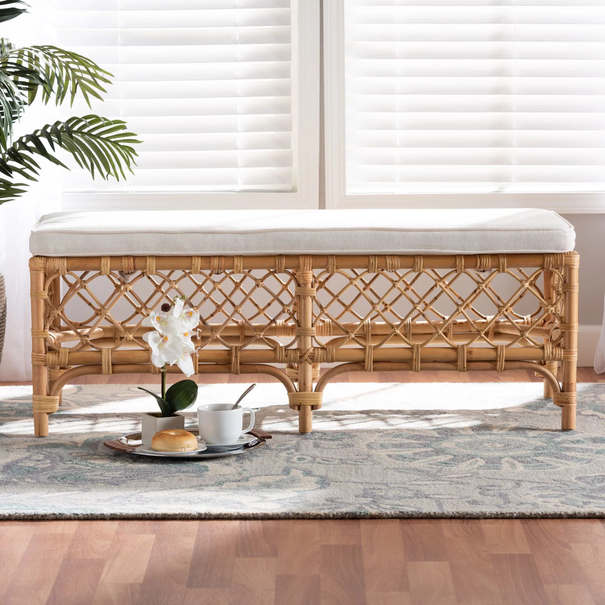 Baxton Studio Orchard Modern Bohemian White Fabric Upholstered and Natural Brown Rattan Bench | Walmart (US)