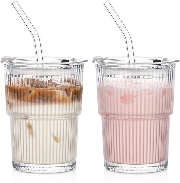 SoulTimes 13oz Glass Tumblers with Lids and Straws, Set of 2 - Stylish Ribbed Design Drinking Gla... | Amazon (US)